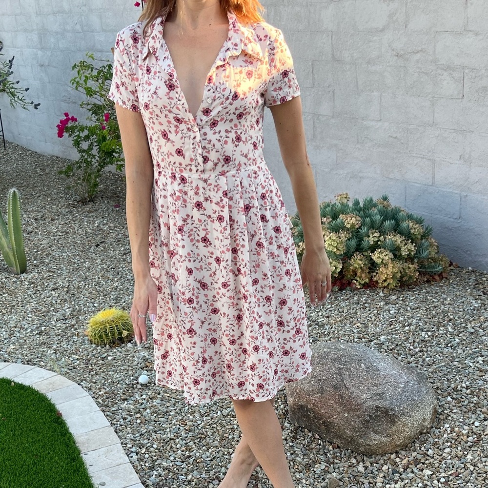 WAYF cream and pink floral shirt sleeve dress with button front sun dress - Picture 12 of 16